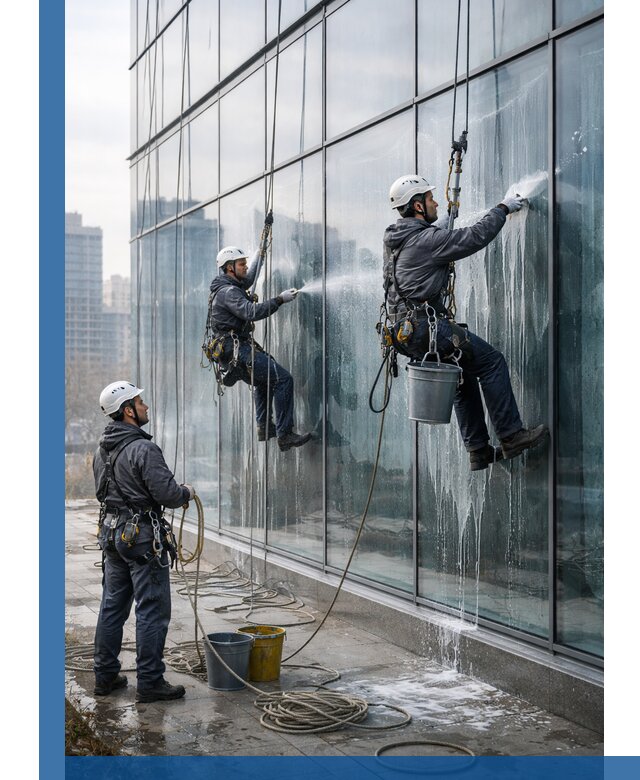 Промышленная мойка панорамных окон на высоте в Конаково