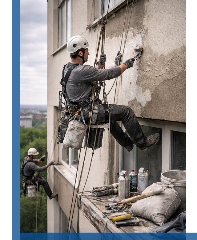 Косметический ремонт фасада зданий в Конаково промышленными альпинистами
