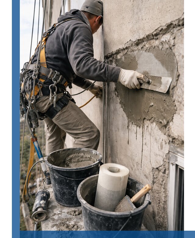 Ремонт бетонных элементов фасада промышленными альпинистами в Конаково