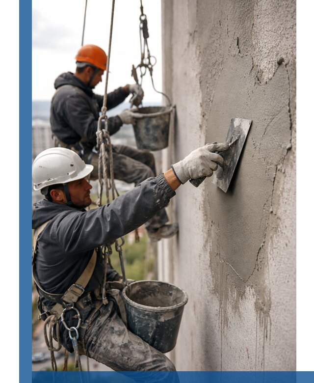 Штукатурка фасада на высоте в Конаково профессиональные работы