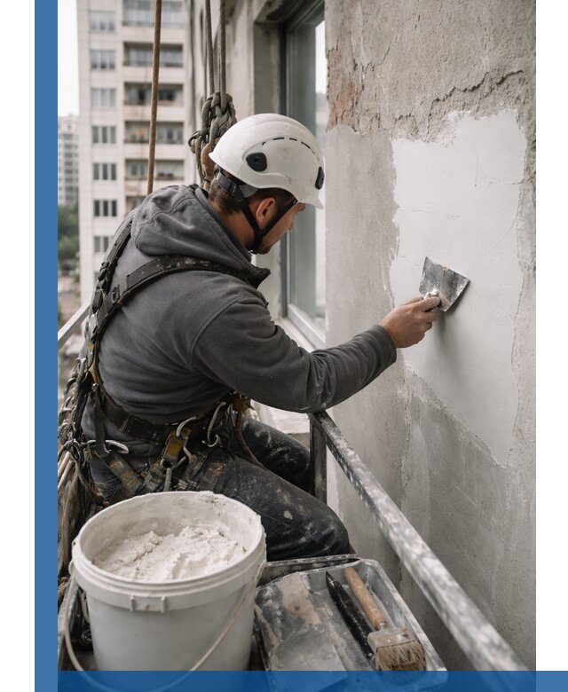 Шпаклевка фасадов на высоте с промальпинистами в Конаково