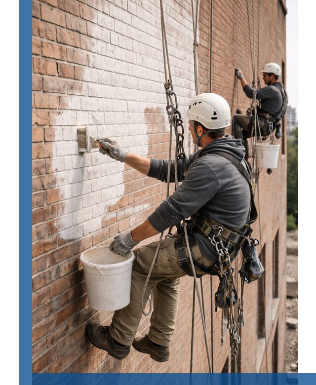 Покраска кирпичного фасада с доступным альпинистским сервисом в Конаково