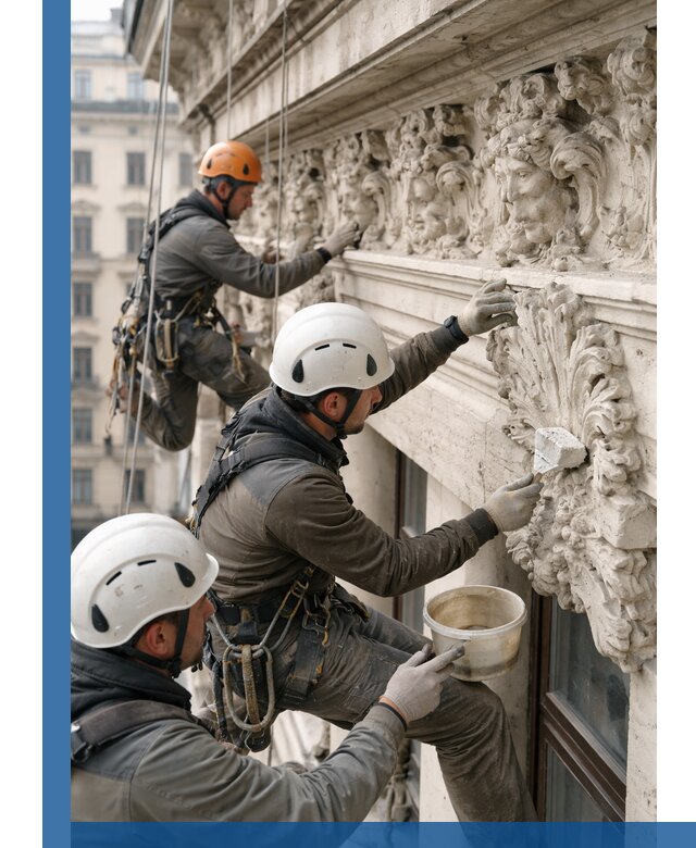 Реставрация фасадной лепнины с высотными работами в Конаково