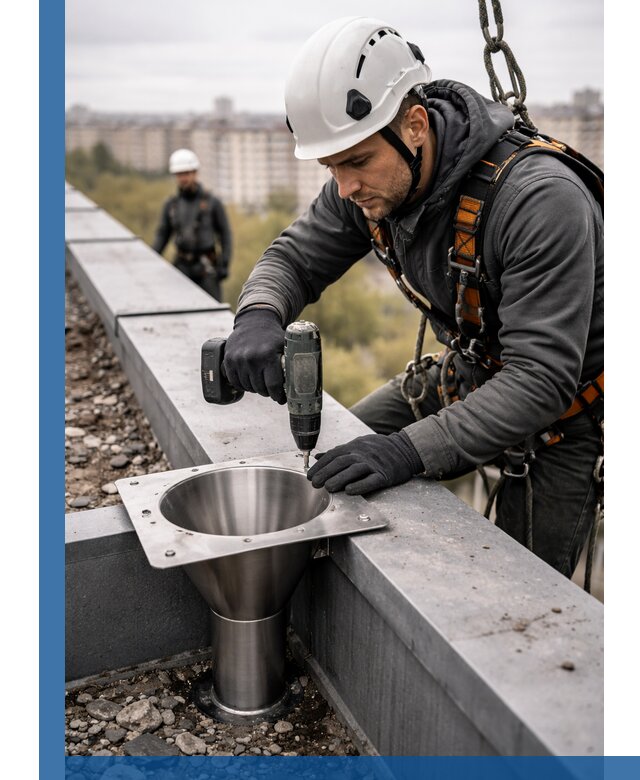 Монтаж водосточных воронок в Конаково для промышленных зданий