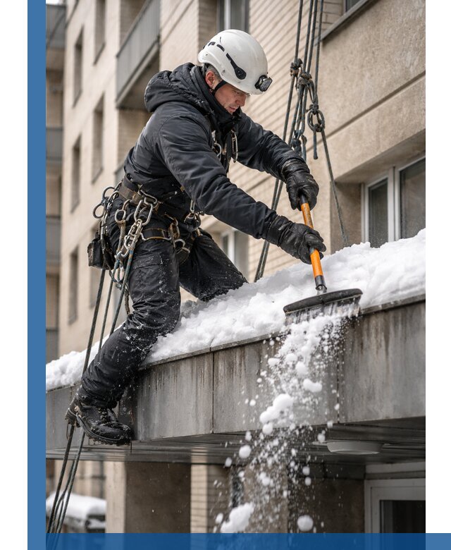 Очистка козырьков от снега в Конаково круглогодично безопасно