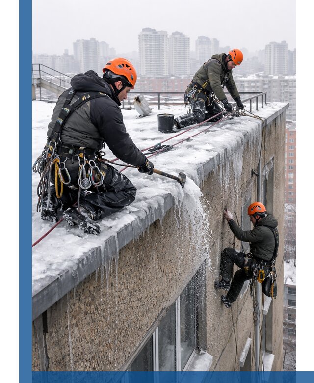 Удаление наледи с кровли в Конаково промышленными альпинистами