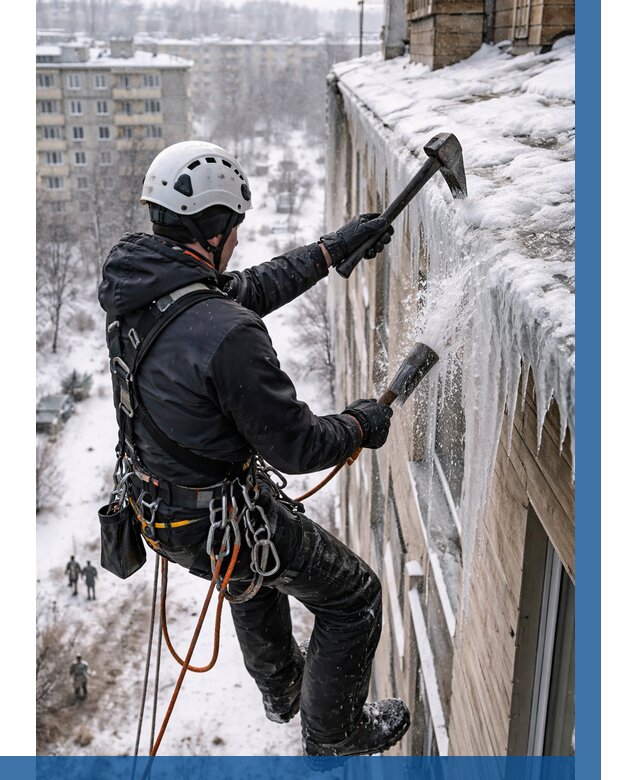 Сбивание сосулек с крыши в Конаково по цене от 4562 р. | ВЫСОТНИК-Кнк