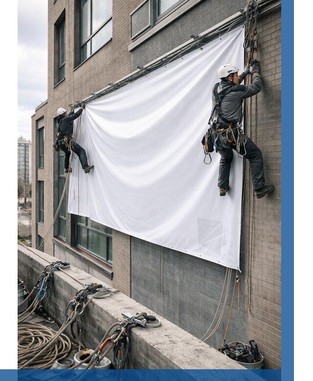 Монтаж баннеров на фасаде в Конаково от 659 р. заказать ВЫСОТНИК-Кнк