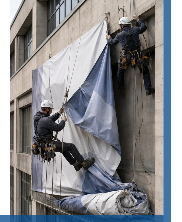 Демонтаж баннеров с фасада в Конаково от 4562 р. | ВЫСОТНИК-Кнк