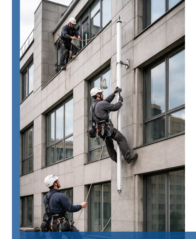 Монтаж флагштока на фасаде здания с креплением и герметикой в Конаково
