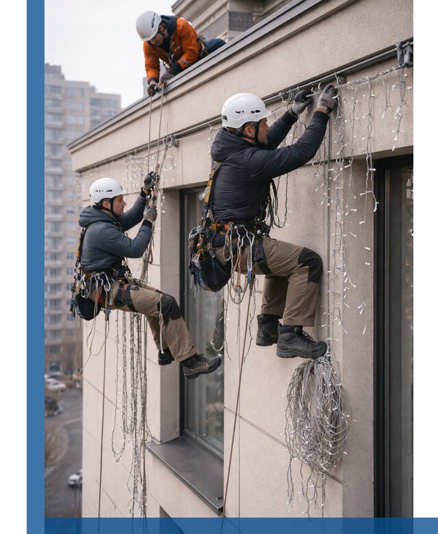 Монтаж праздничных гирлянд на фасаде в Конаково для зданий