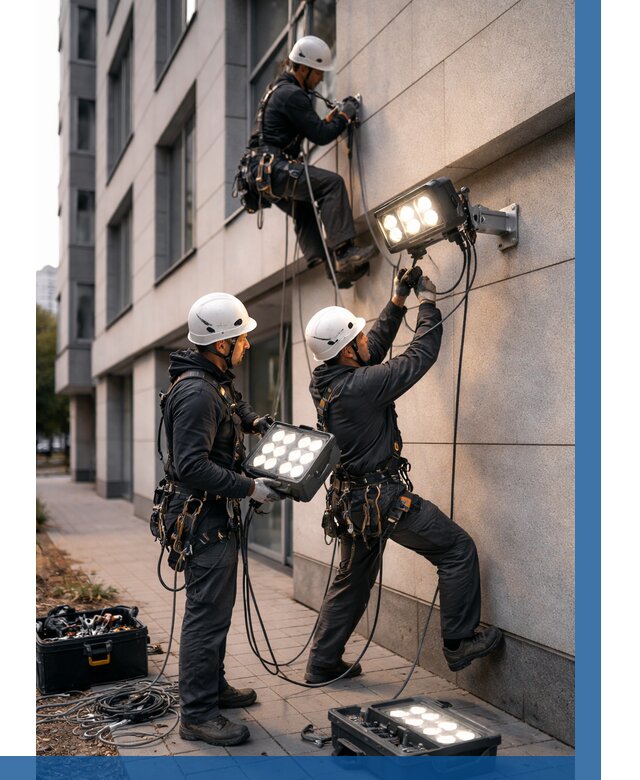Монтаж прожекторов на фасаде в Конаково от 7603 р. | ВЫСОТНИК-Кнк