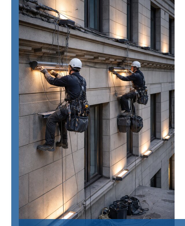 Монтаж архитектурной подсветки фасадов зданий в Конаково