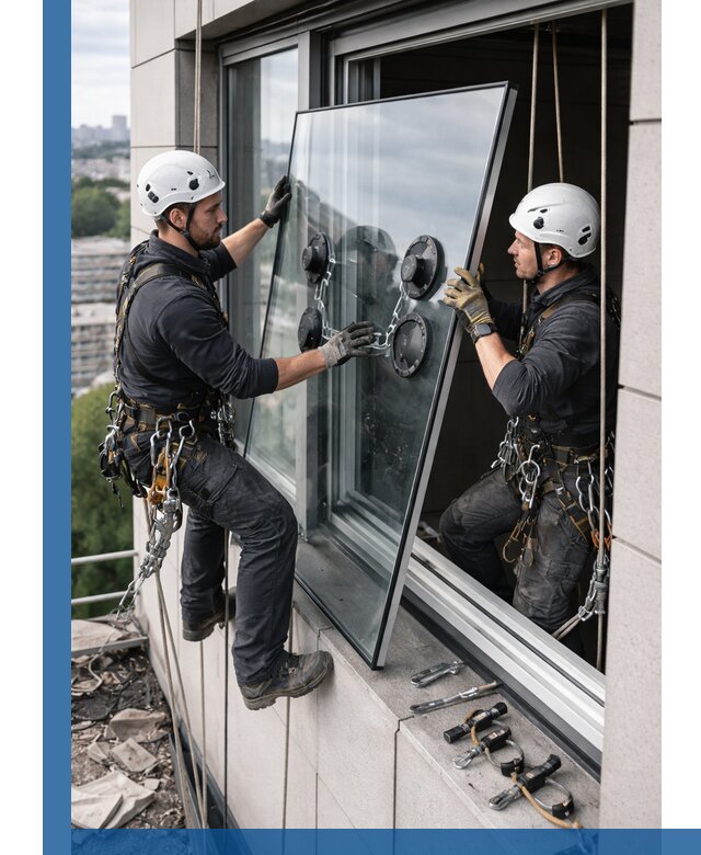 Замена стеклопакетов на высоте с промышленными альпинистами в Конаково