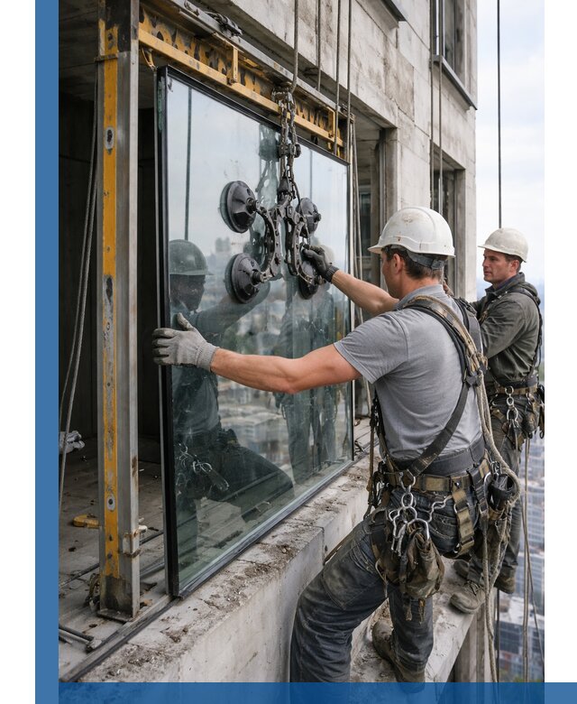 Монтаж стеклопакетов на высоте в Конаково с промышленным альпинизмом