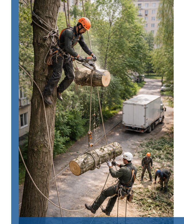 Спил деревьев альпинистами в Конаково, безопасно и без повреждений