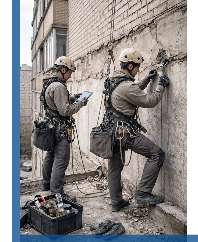 Обследование фасада промышленными альпинистами в Конаково